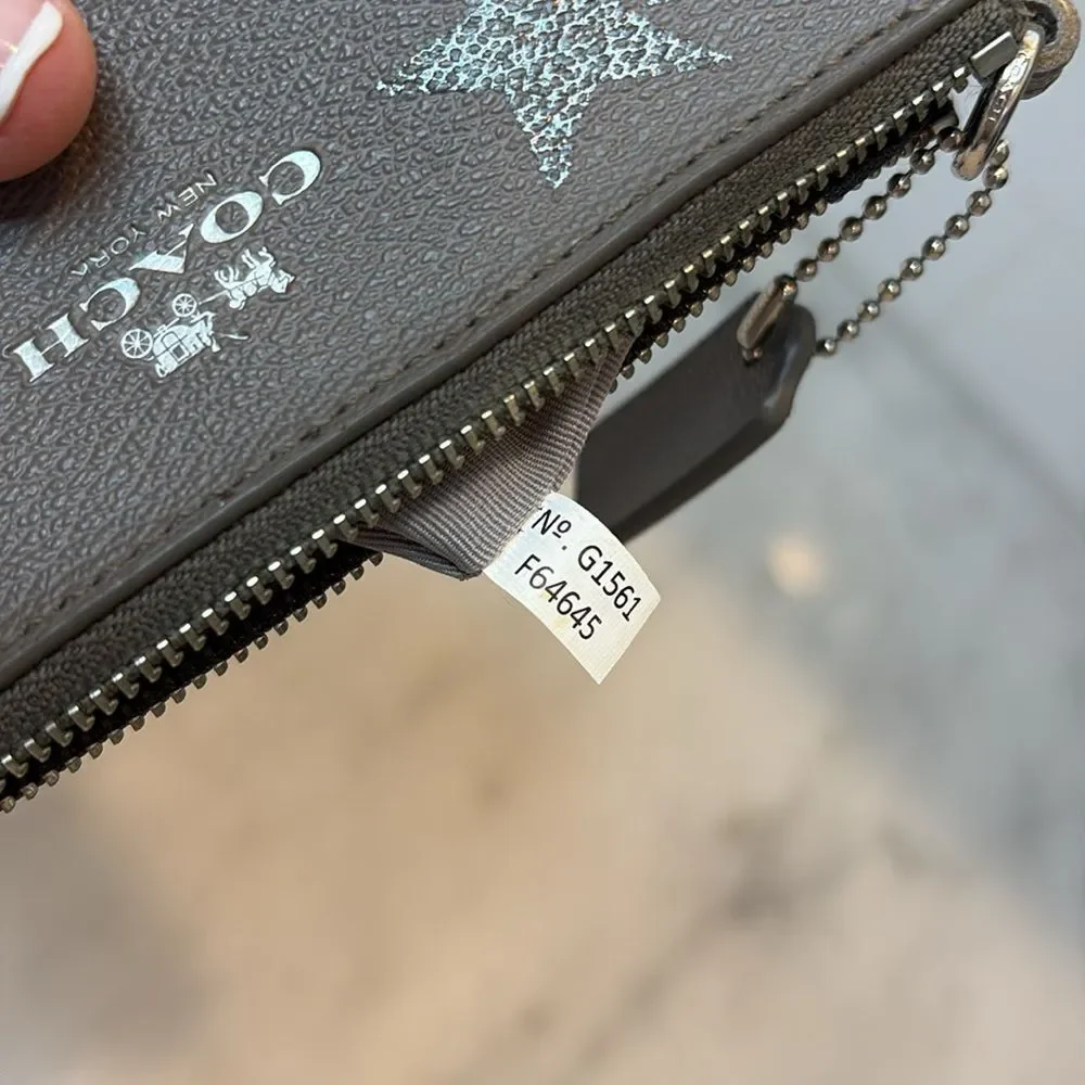 Coach Saffiano Leather Metallic Silver Star-Pattern Wristlet